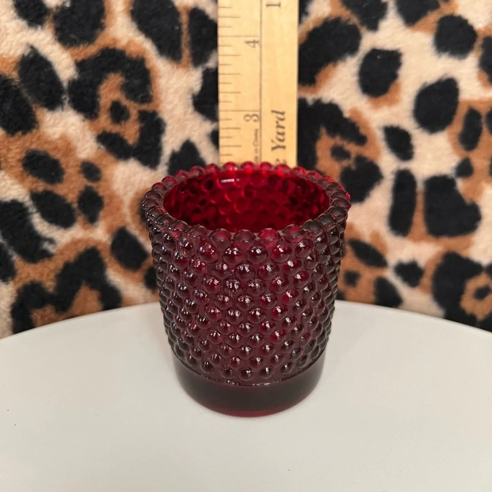 Vintage Red Glass Hobnail Votive Candle Toothpick Matchstick Trinket Holder